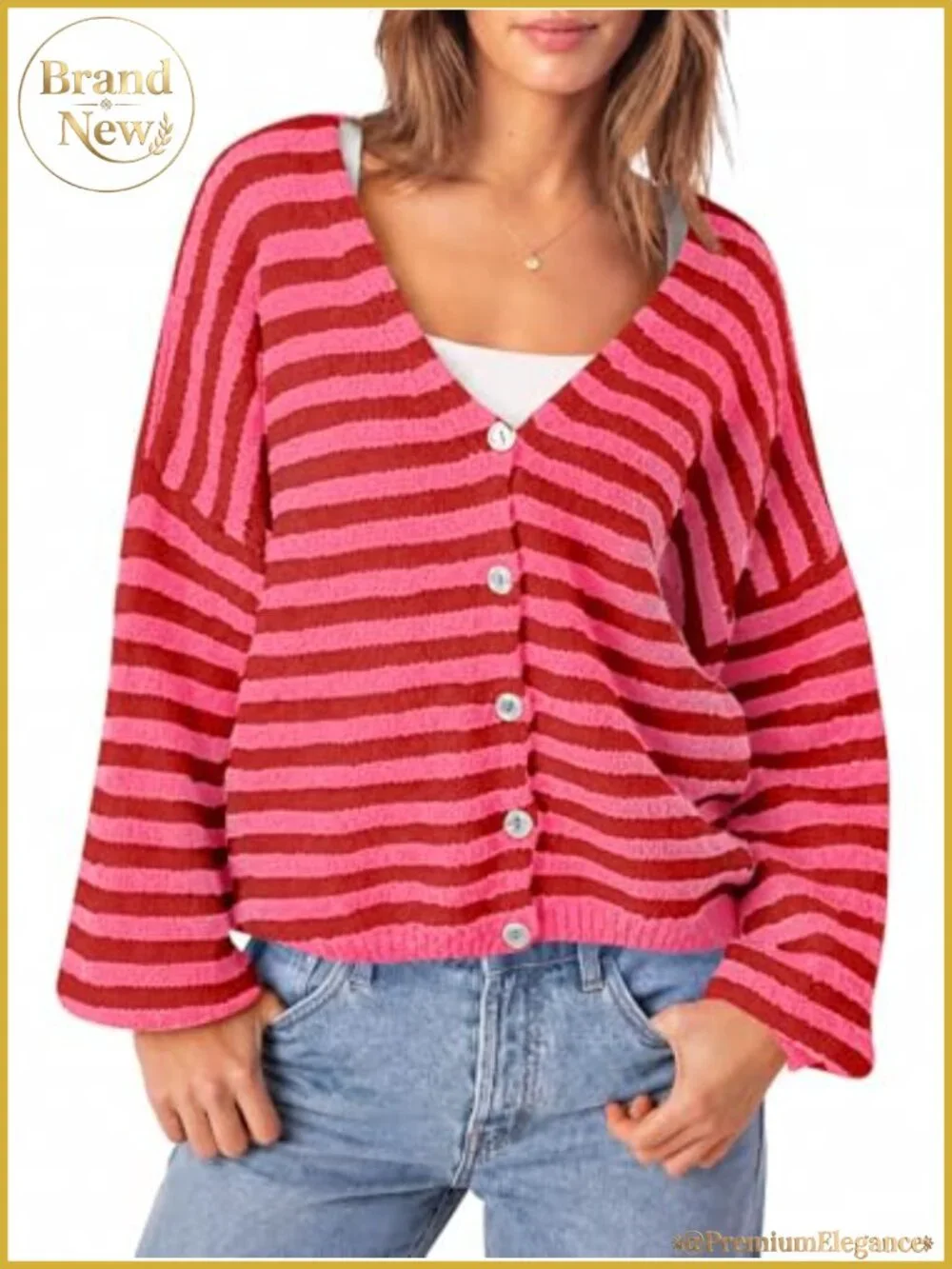 Oversized Striped V-Neck Cardigan Women's Trendy Knit Lantern Sleeve